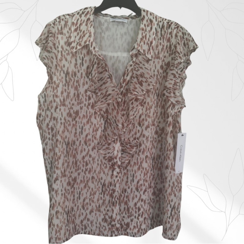 Calvin Klein Sleeveless Ruffle Blouse Cream Brown NWT